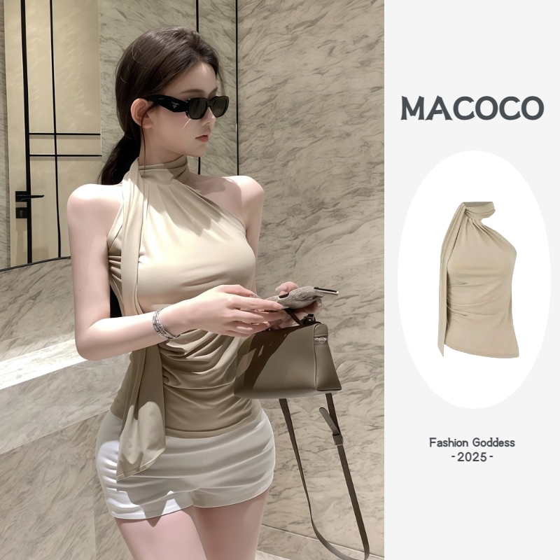 韓国風デザインノースリーブトップス、女性用夏着、気質リボン、タイトフィット、スリミングホルターネックベストブラウス