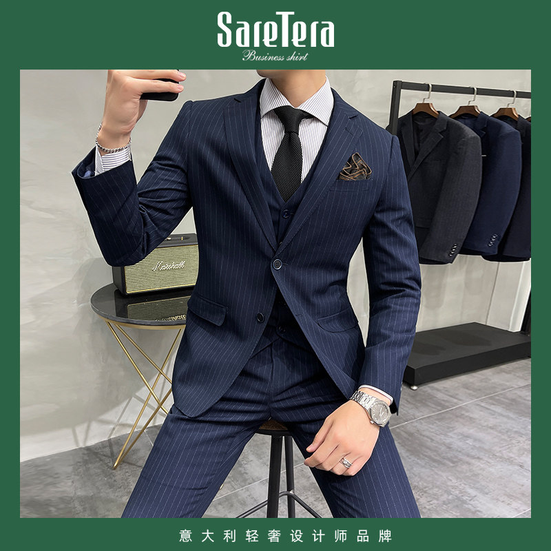 Saretera Striped Suit Suit Men's Business Professional Formal Wedding Dress Italian Slim Groom Suit