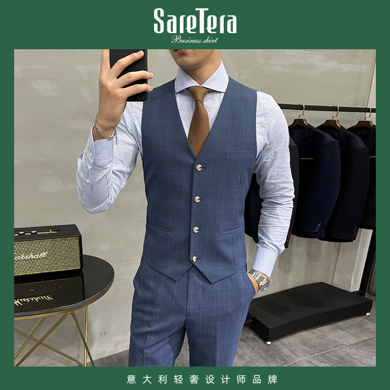 Saretera Blue Plaid Suit Vest Men's Casual Vest Formal Slim Fit Groom Wedding Suit Vest