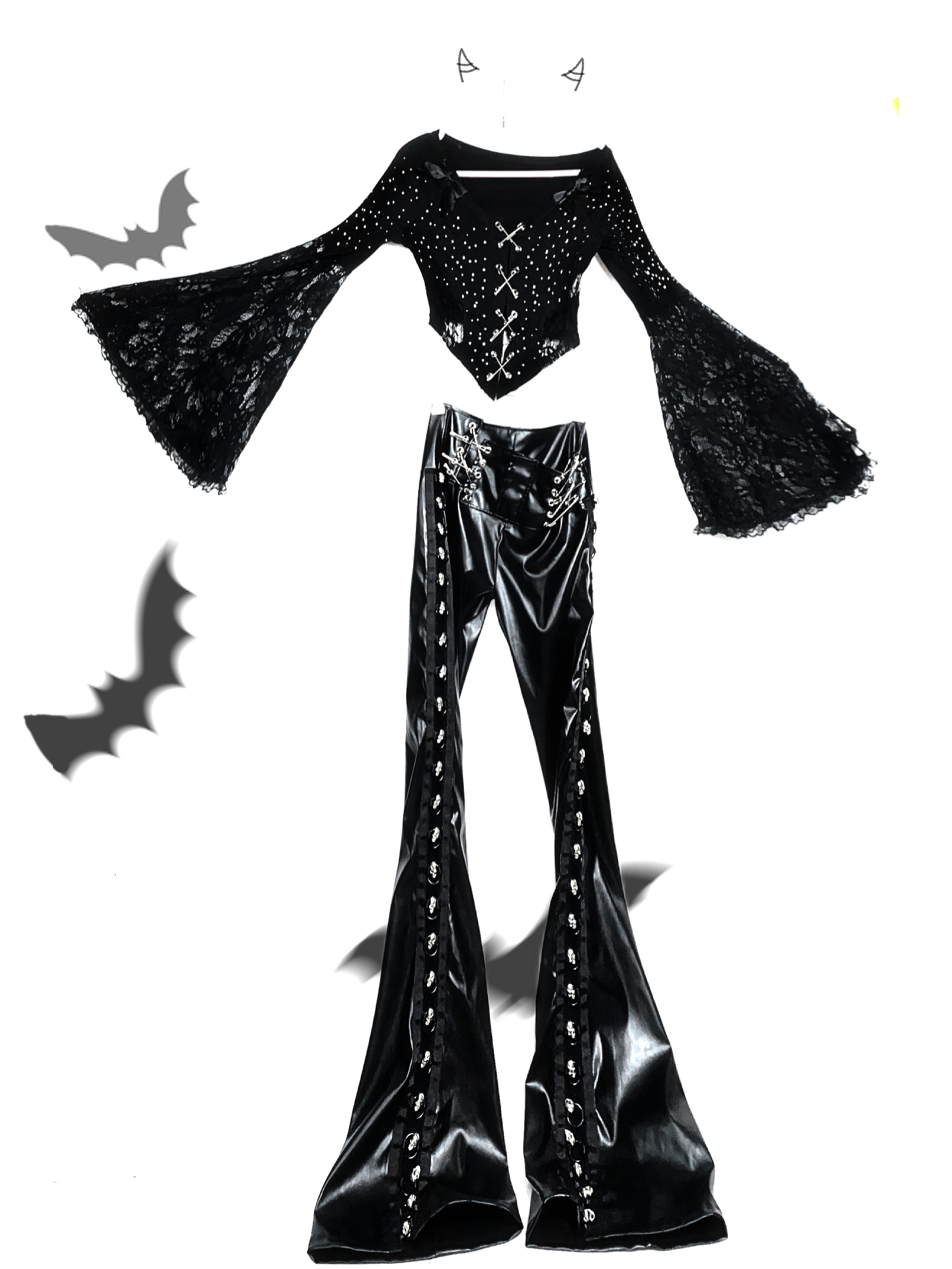 TDH Original* Countess Dracula Pure Black Gothic PU Leather Pants with Hollowed-out Skull Pendant Wide-Leg Trousers