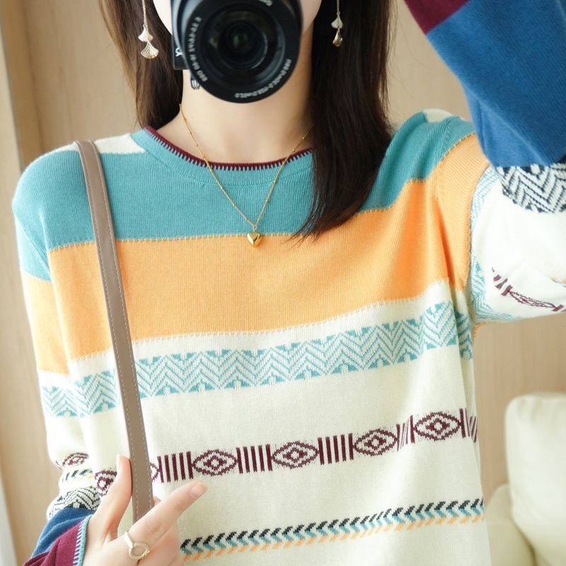 Cotton Strip Knitted Sweater Spring and Autumn New Pure Cotton Collapsed Rainbow Strip-striped Sweater Show Skin Coat