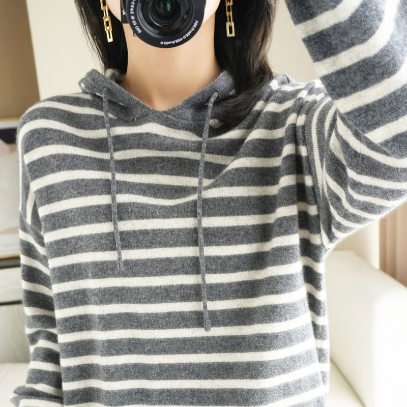 Even cap sweater female set head to thin retro external wearing Korean version striped collared long sleeve non-cashmere knitted sweatshirt undercoat