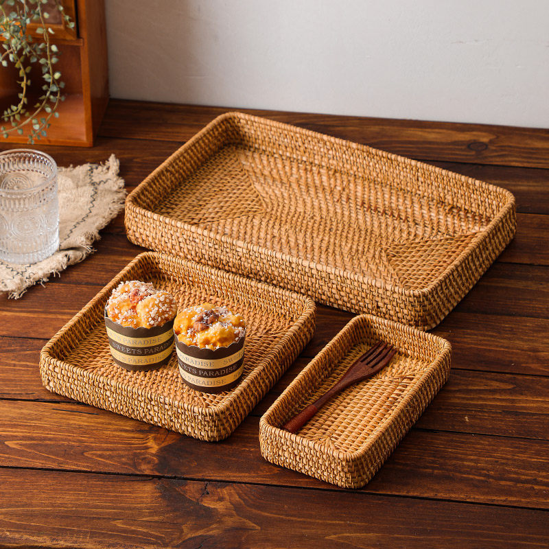 Vietnamese rattan rectangular tray handmade fruit basket Japanese woven basket bamboo storage basket snack storage basket