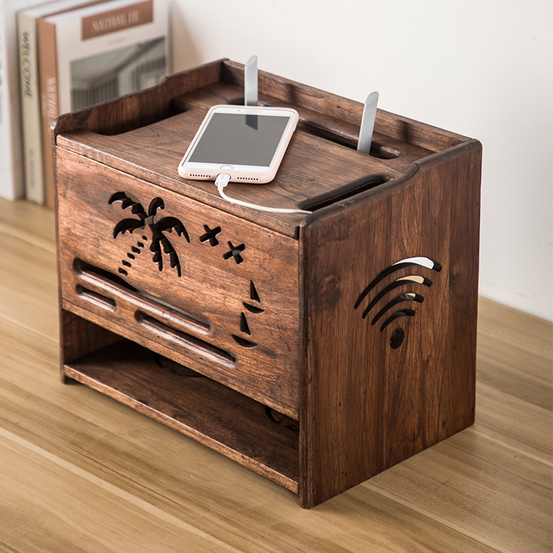 Solid Wood wireless router storage box wall-mounted WIFI light cat set-top box rack wire finishing storage box