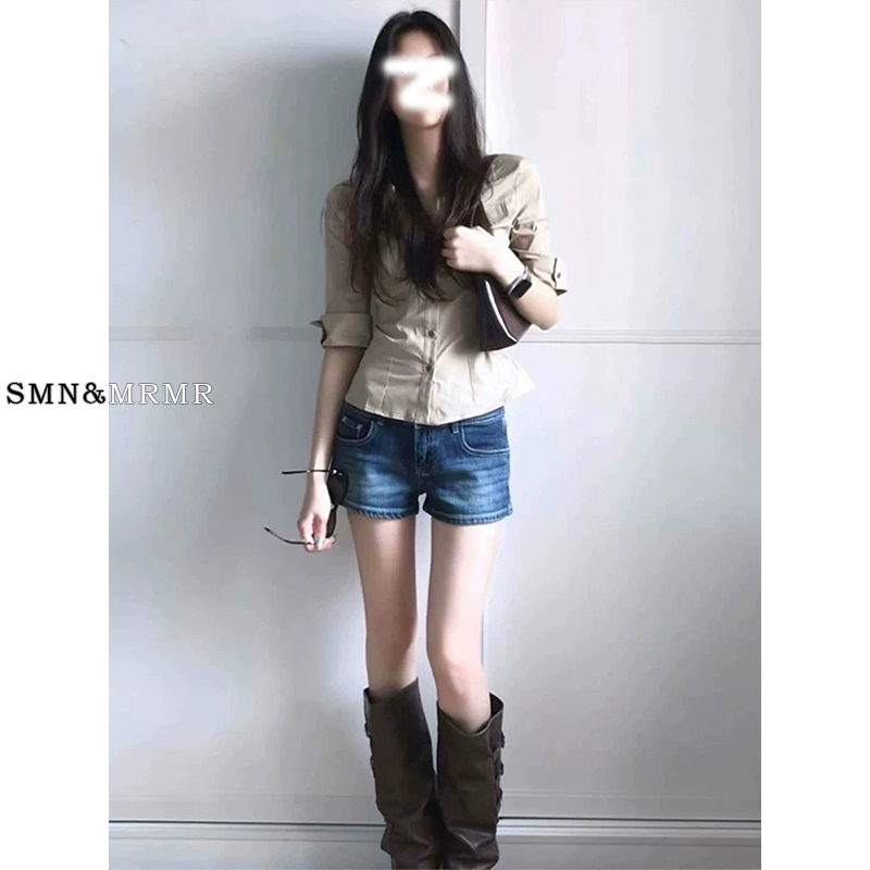 American Retro Dark Blue Denim Shorts for Women 2026 Summer New Style Hot Girl Low-Waist Elastic Slimming Hip-Hugging Hot Pants