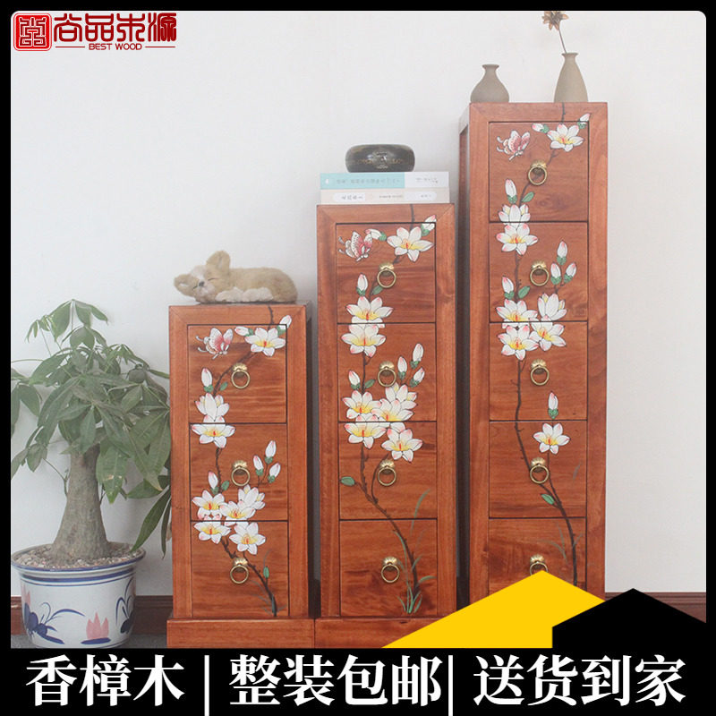 New Chinese style chest of drawers bedroom solid wood three drawers chest of drawers camphor wood four modern lockers painted chest of drawers