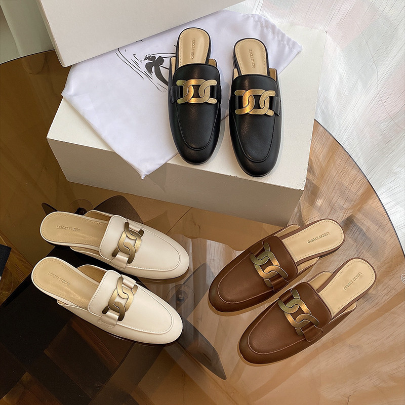 Baotou half slippers women's summer outer wear 2021 new fashion leather flat-bottomed Muller slip-on shoes