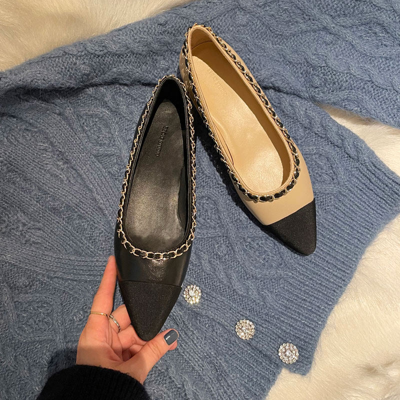 Xiaoxiangfeng color matching single shoes women's 2022 spring new all-match shallow mouth flat bottom pointed toe low heel leather flat shoes