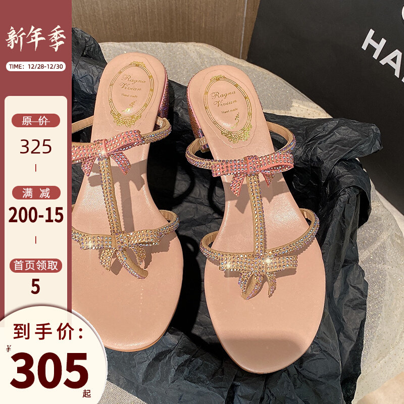 RC rhinestone bow sandals women's summer 2021 new fairy wind Rome in thick with heels