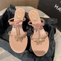RC rhinestone bow sandals womens summer 2021 new fairy style roman medium thick heel with high heels