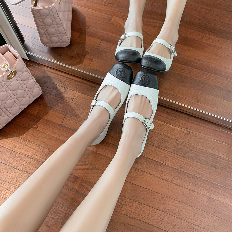 Small Fragrant Wind Collage Single Shoe Woman Summer New style Flat-bottomed Pharatro Genuine Leather Mountain Tea Flower Square Head Mary Precious Women's Shoes