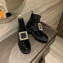(COUSIN FAN)AVRV rhinestone square buckle booties womens 2021 summer thin leather Chelsea Martin boots