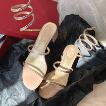 RC serpentine winding rhinestone sandals female fairy wind summer 2021 new mid-high heel one-word belt Roman low-heel shoes