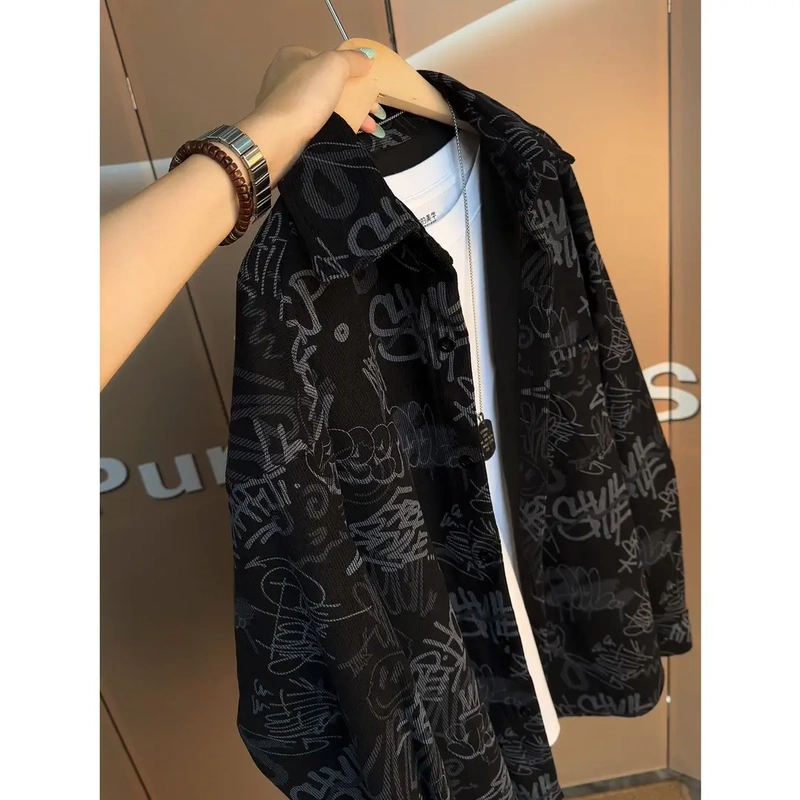 American-Style Personalized Graffiti Print Long-Sleeved Lapel Shirt, Autumn Men's Korean-Style Casual Design Top Jacket