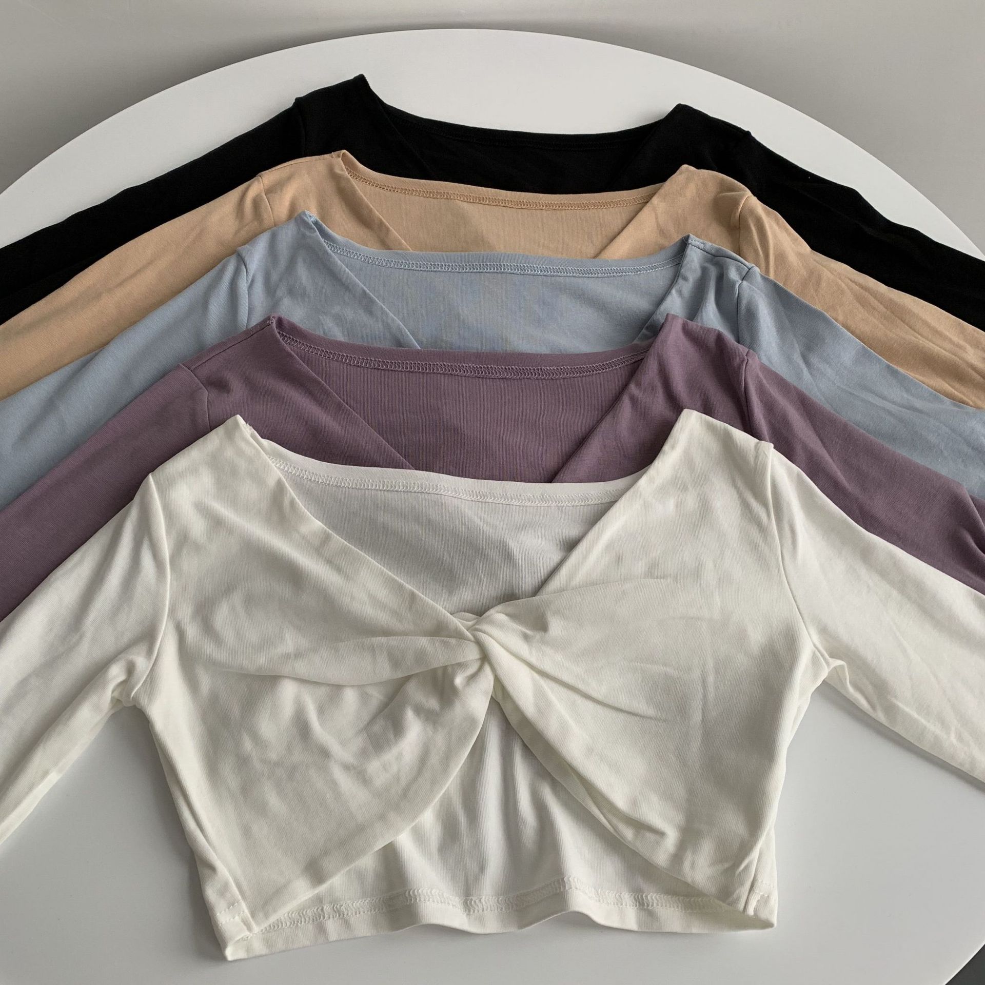 Cotton V-neck knotted ballet gymnastics suit with small waistband Long-sleeved short high-waisted dance practice suit blouse