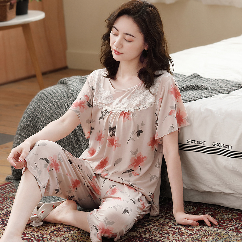 Mom Sleepwear Summer Thin Lady Short Sleeve Modell Cotton Silk Home Conserved Summer Middle-aged Seniors Large Size Suits