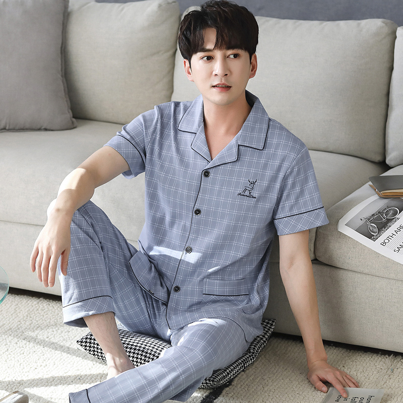 Summer men's cotton pajamas spring and summer short sleeve trousers home clothing men's summer thin cotton large size casual set