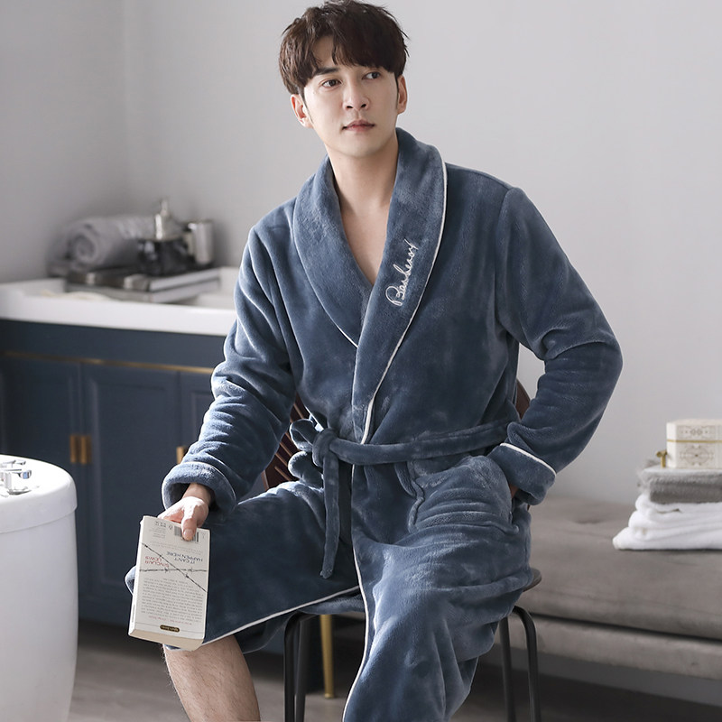 Sleepwear Men Sleep Robes Autumn Winter Style winter Coral Suede Thickened with Flannel Warm Male flannel Long-style bathrobe-Taobao