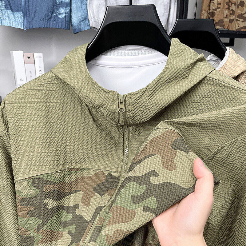 2025 Summer Thin Camouflage Hooded Sun Protection Clothing Men's Skin Jacket Outdoor Patchwork Trendy Breathable Casual Jacket