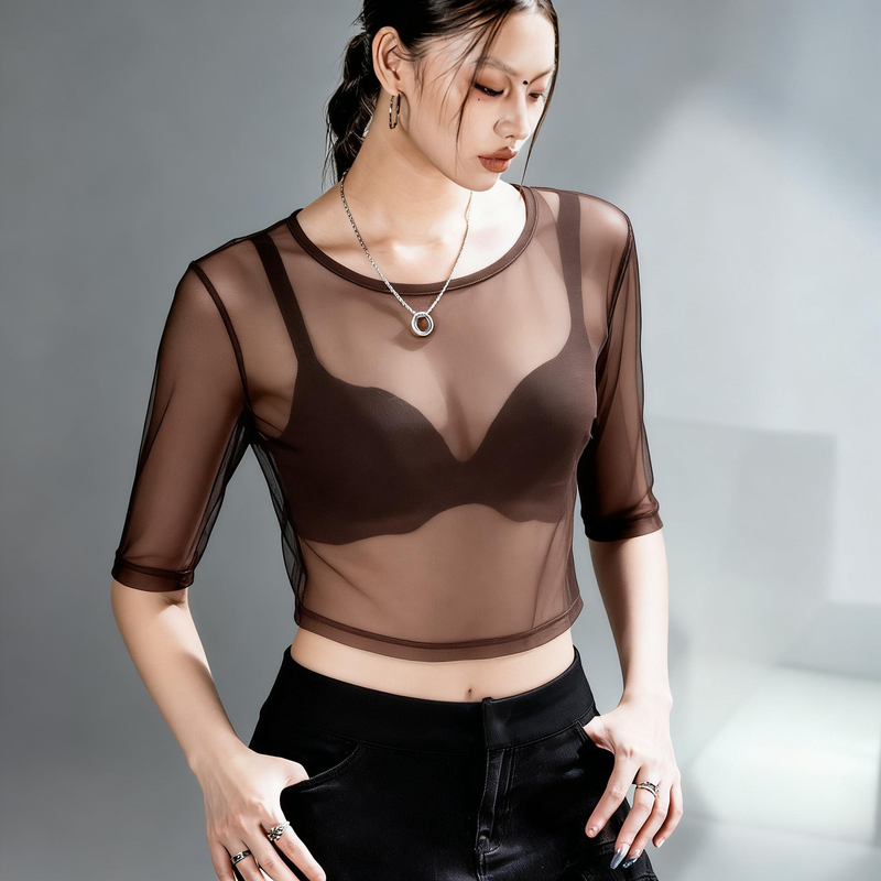 Sexy Style Round Neck See-Through Mesh Bottoming Shirt for Women with Five-Quarter Sleeves, New Summer Style Sheer Slim-Fitting Short T-Shirt Top