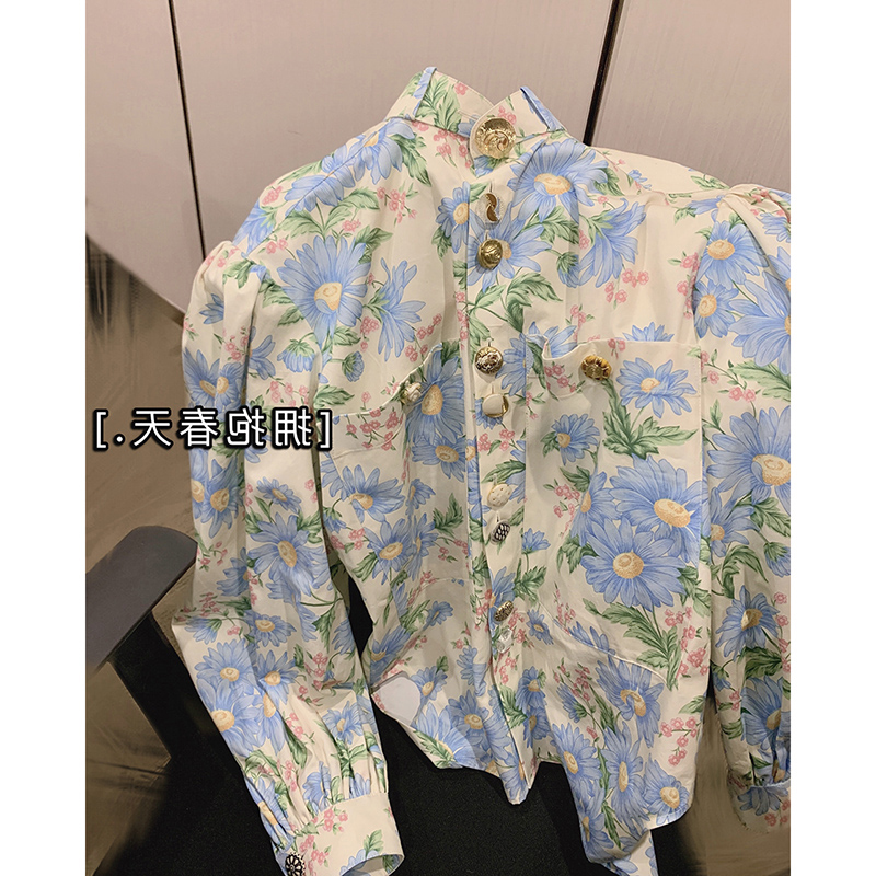 Brand discount store shopping mall counter withdrawal cabinet women's tail goods clearance port taste vintage bubble sleeve floral shirt women