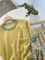 Super beautiful contrast color than conventional cotton T more fashionable bright silk round neck short sleeve knitwear women 2021 spring and summer New