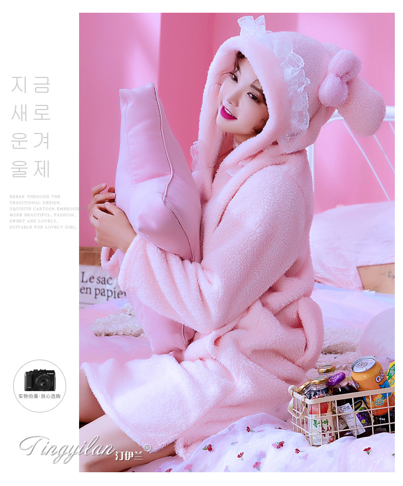 Cô bé màu hồng san hô lông cừu đêm váy ngủ flannel đồ ngủ nhà dịch vụ phụ nữ đầu mùa thu và tay áo dài cộng với nhung dày áo ngủ 2 dây