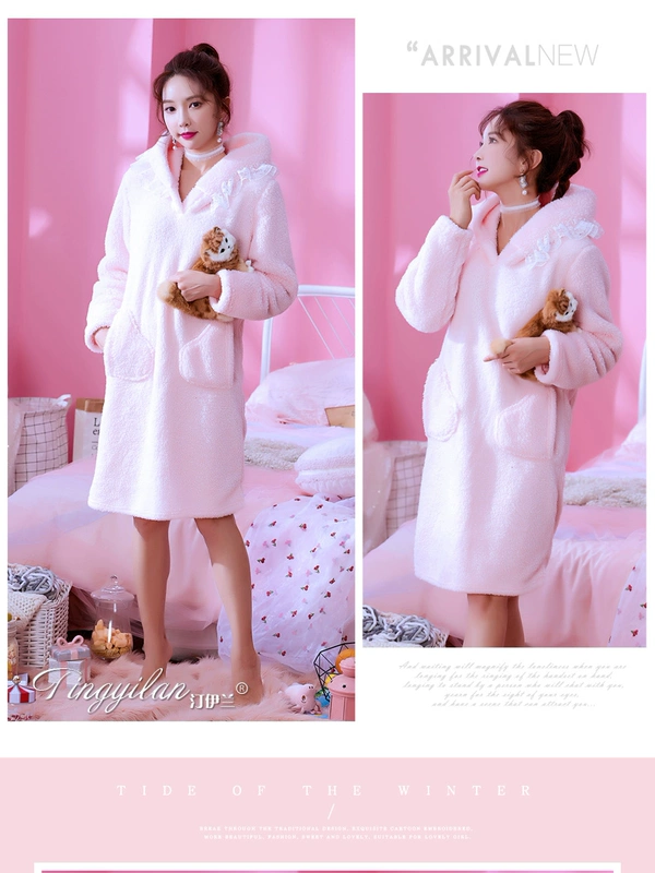 Cô bé màu hồng san hô lông cừu đêm váy ngủ flannel đồ ngủ nhà dịch vụ phụ nữ đầu mùa thu và tay áo dài cộng với nhung dày đầm thiết kế cao cấp