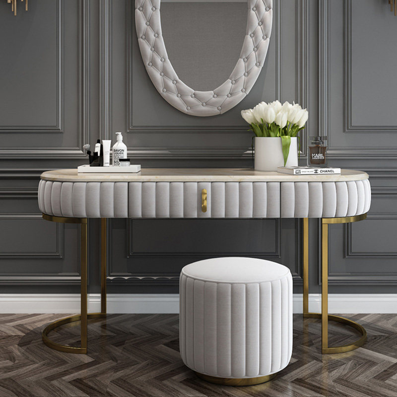 Nordic white design simple bedroom dressing table modern metal stainless steel desk marble light luxury small stool