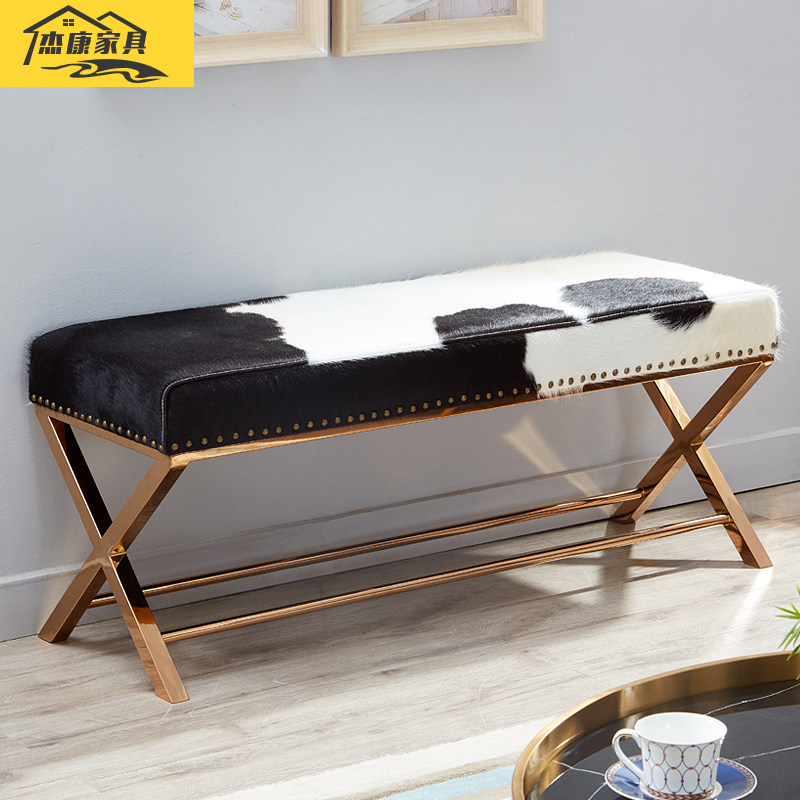 Light luxury cowhide long stool bed end stool bar stool shoe stool sofa low stool rose gold stainless steel makeup stool