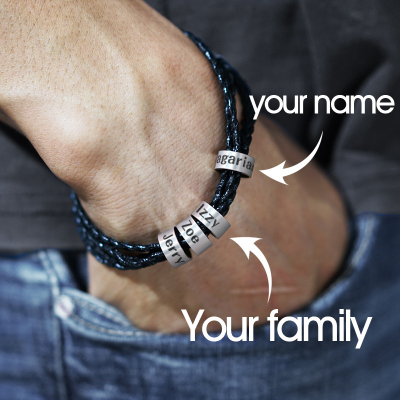 Cross-Border European and American Woven Beaded Bracelet for Men DIY Custom Letter Name Leather Cord Jewelry Father's Day Gift