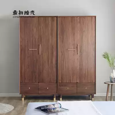 Nordic Japanese black walnut wardrobe swing door 4 door bedroom pure solid wood wardrobe simple modern 2 door storage cabinet