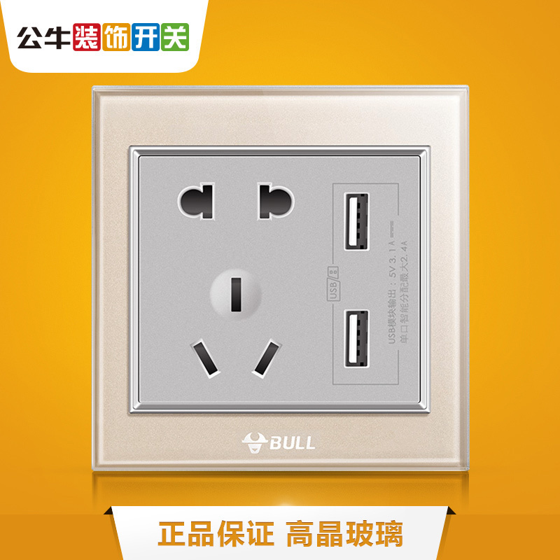 Bull Decoration Switch Socket Five Holes Socket 86 Type Wall Glass Panel Dual USB Five Holes Champagne Gold Color