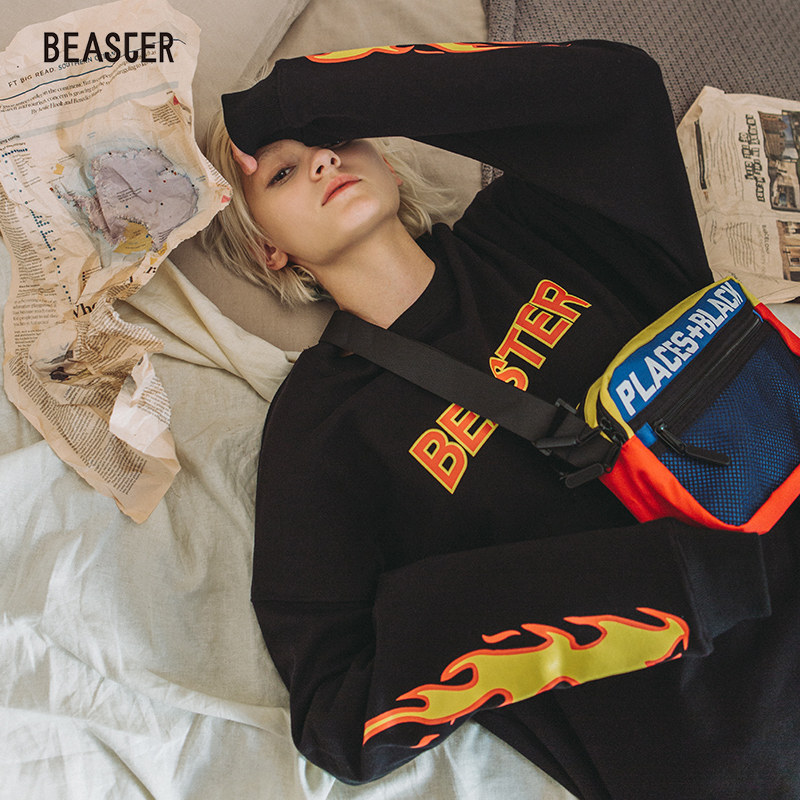 BEASTER early autumn item couple pop brand hip hop flame loose baggy sweater men's casual jacket oversize