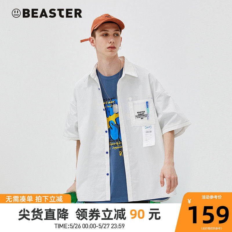 BEASTER little devil grimace trend casual shirt summer simple fashion print five-quarter sleeve lapel shirt