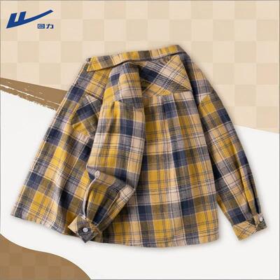 回力男童衬衫春秋款2026新款大童学院风长袖儿童秋装男孩格子外套