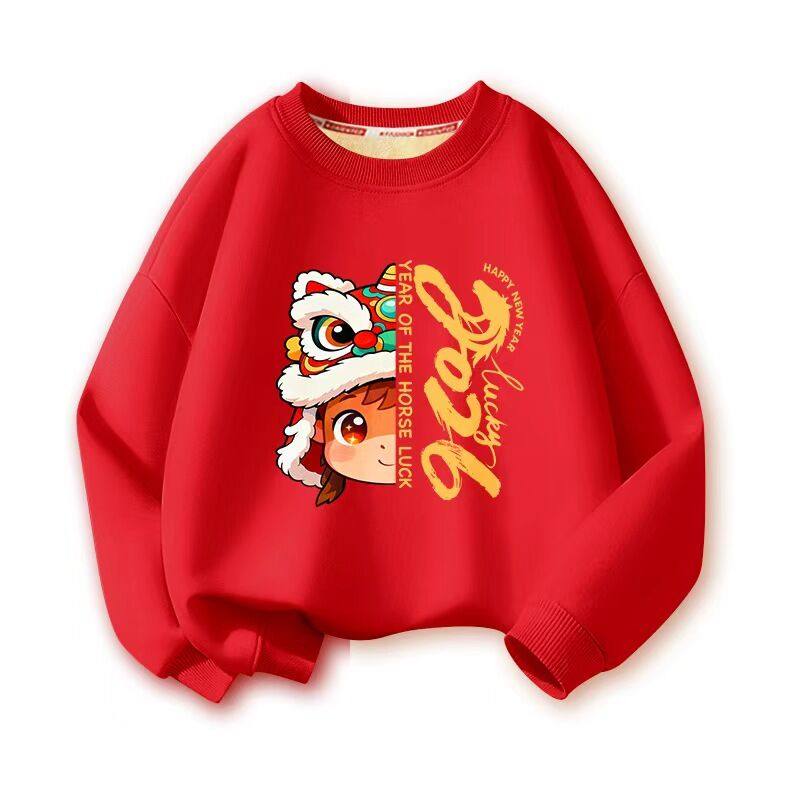 儿童新年红色卫衣加绒2026新款马年男童拜年服本命年女童过年上衣
