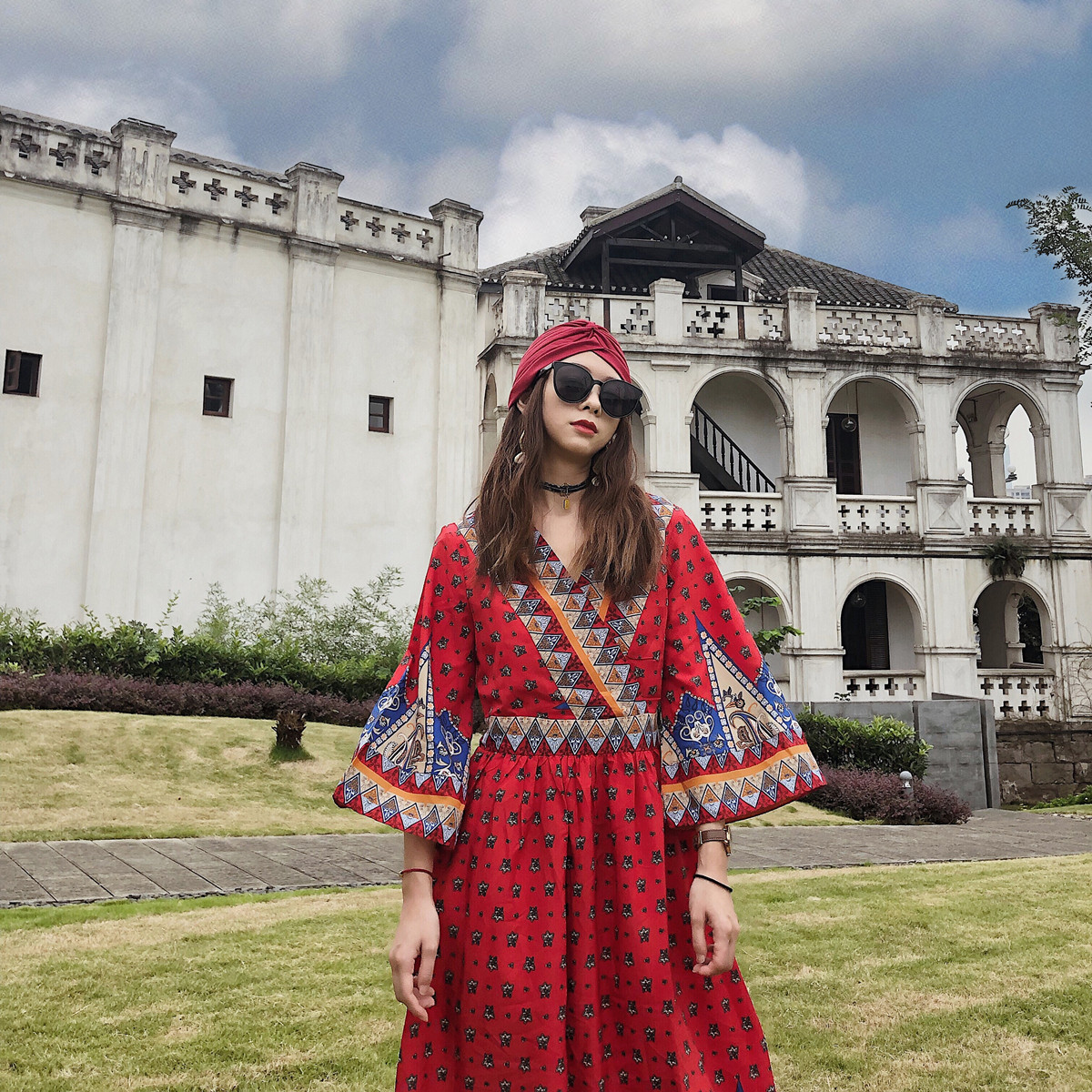 Cat Hostel Bohemia Resort Beach Dress Exotic Horn Sleeve National Wind Red Dress