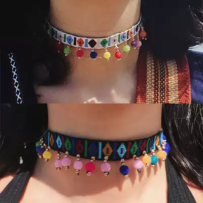 Cat Hotel Bohemian hippie choker embroidered hair ball tassel necklace collar two colors optional