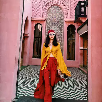 Cat Hotel Qinghai bohemian exotic style holiday style ruffle sleeve V-neck chiffon shirt cardigan top