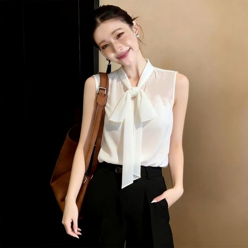Chiffon Sleeveless Vest for Women, High-End Summer Suit Inner Layer, Bow Tie Shirt Pullover Top Chiffon Sleeveless Vest for Women, High-End Summer Suit Inner Layer, Bow Tie Shirt Pullover Top