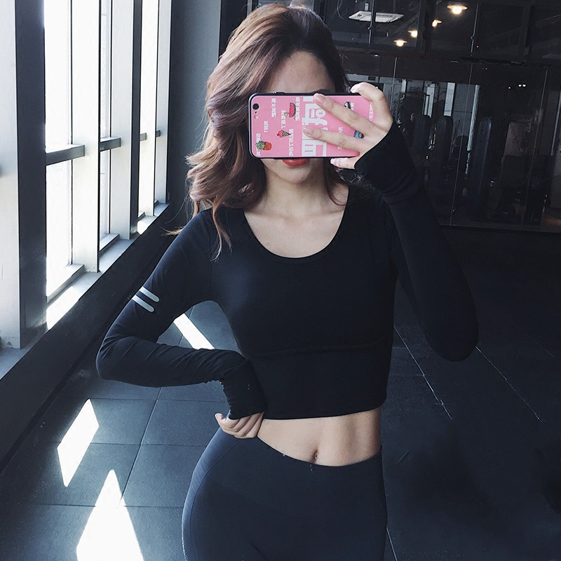 Sports T-shirt women's tight short umbilical long sleeve running fitness suit Elastic quick-drying yoga suit top with chest pad