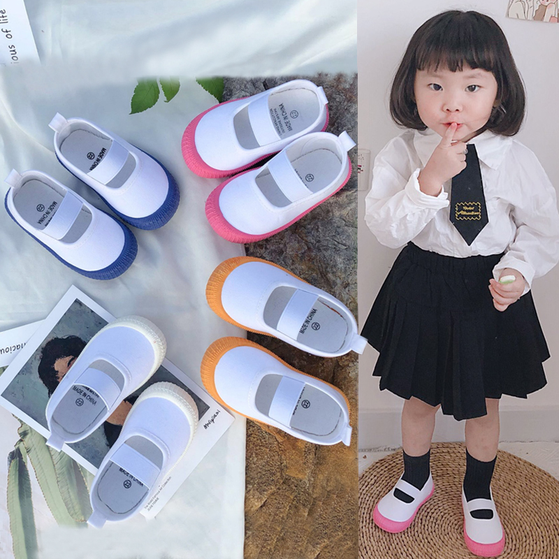 Spring and autumn kindergarten Little white shoes One foot pedal Canvas Shoes Indoor Shoes Girl Children Entrance to Garden Baby Soft Bottom Shoe Men