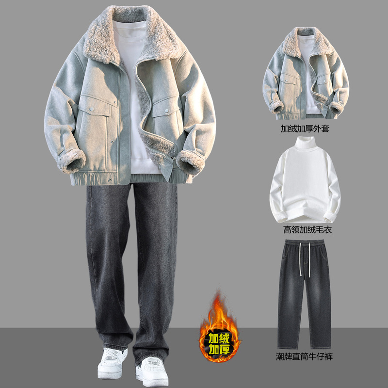 Sheepskin Suede Fleece-Lined Jacket for Men, Winter Thickened Lamb Wool Coat, High-End Cotton Clothing Men's Suit
