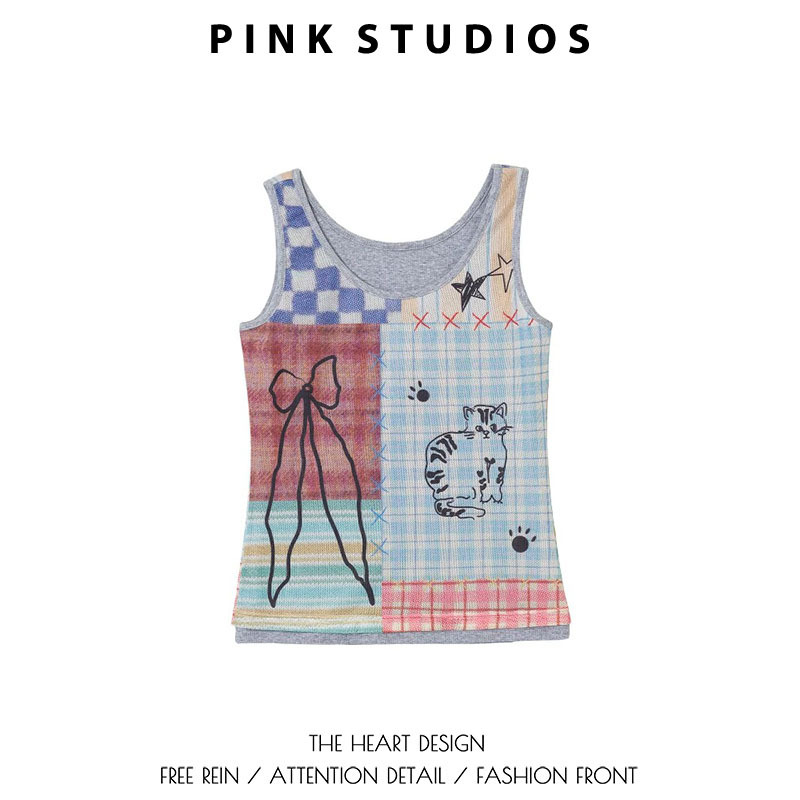 Color-Blocked Plaid Patchwork Camisole for Women, Summer Vintage Hot Girl Style, Graffiti Print, Slim Fit, Sleeveless Top Color-Blocked Plaid Patchwork Camisole for Women, Summer Vintage Hot Girl Style, Graffiti Print, Slim Fit, Sleeveless Top