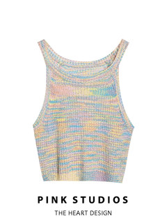Rainbow striped knitted halterneck suspender women's summer thai hot girl slim short tank top worn inside and outside pure lust top