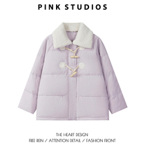 紫色羊羔毛领棉服女秋冬韩系甜美风小个子宽松牛角扣加厚保暖外套