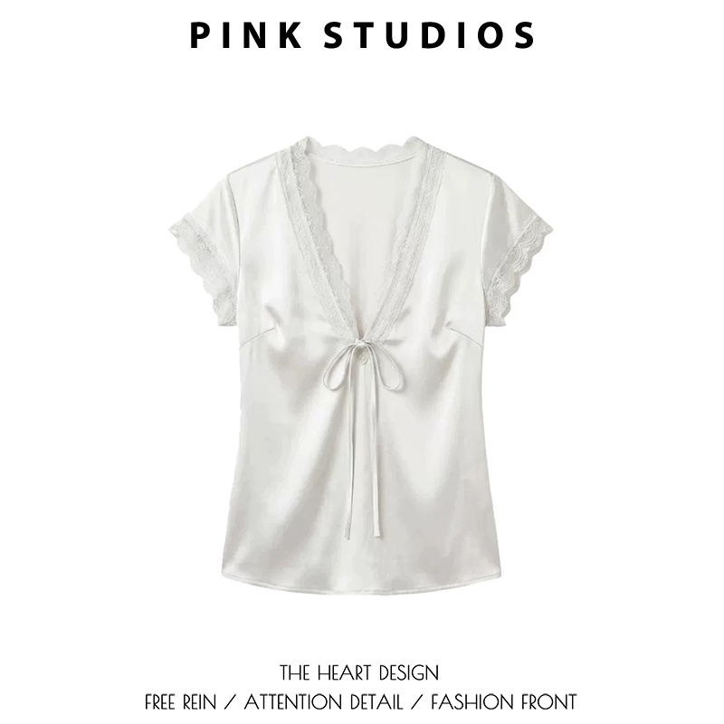 White Fashionable and Elegant Lace Patchwork V-Neck Tie Shirt for Women, Summer Sexy Lace Glossy Satin Top