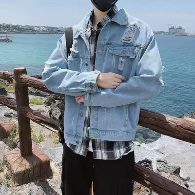 Spring ins perforated denim jacket men's trend brand Korean version of the trend student loose and wild clothes Hong Kong style bf jacket