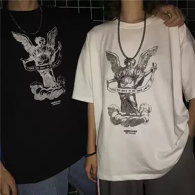 Tide brand ins simple and all-match short-sleeved men's trend five-point sleeve Harajuku Port style T-shirt women's loose angel printed top